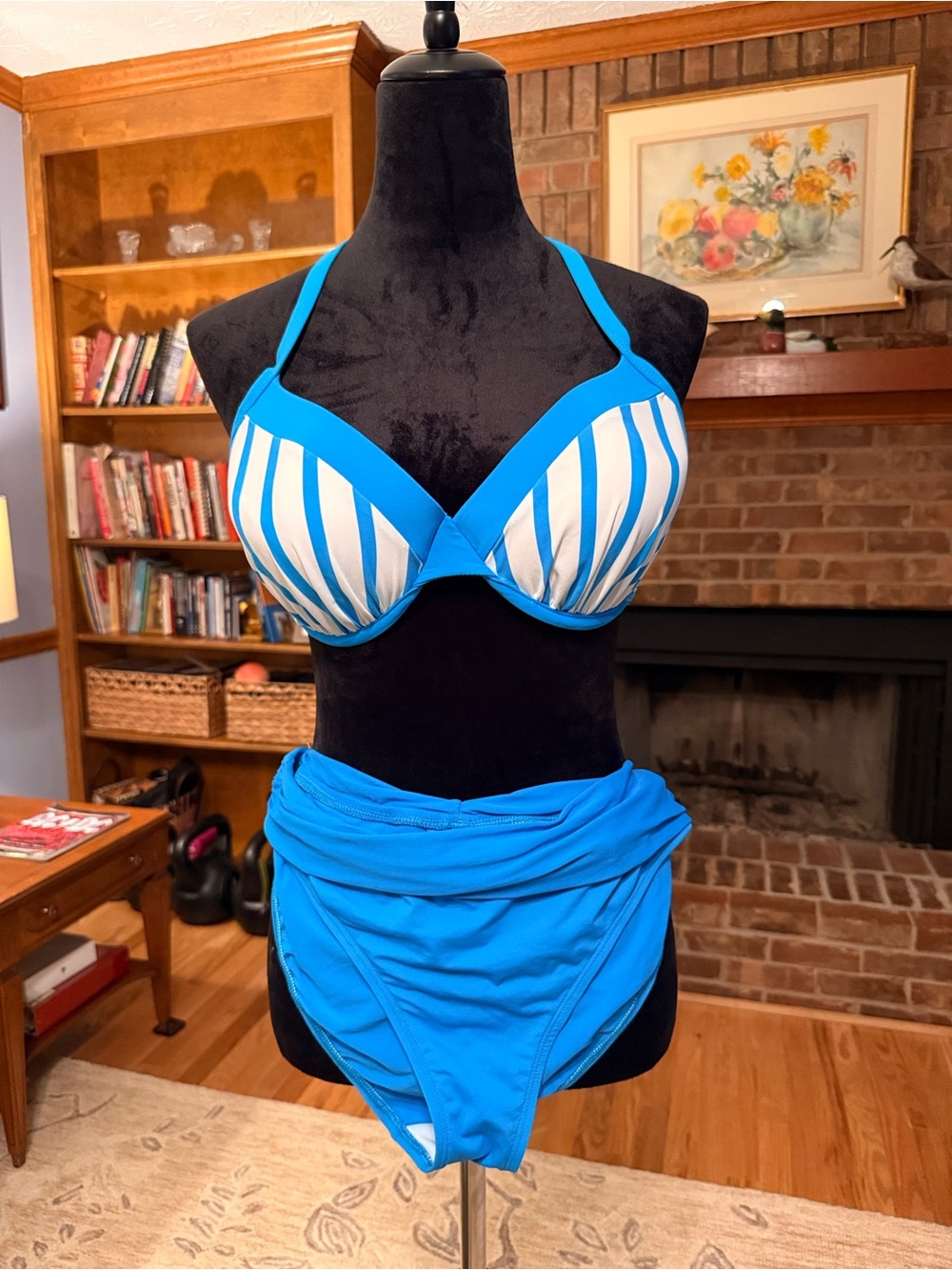 Retro Blue Striped Bleu Rod Beattie Halter Bikini Set 12-32/34D